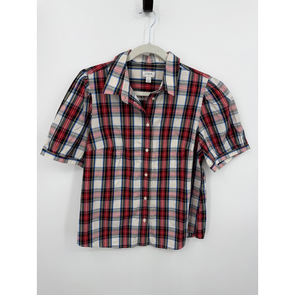J.Crew CF641 Plaid Button Down Top‎ Womens Large Red Blue Puff Sleeve Cotton